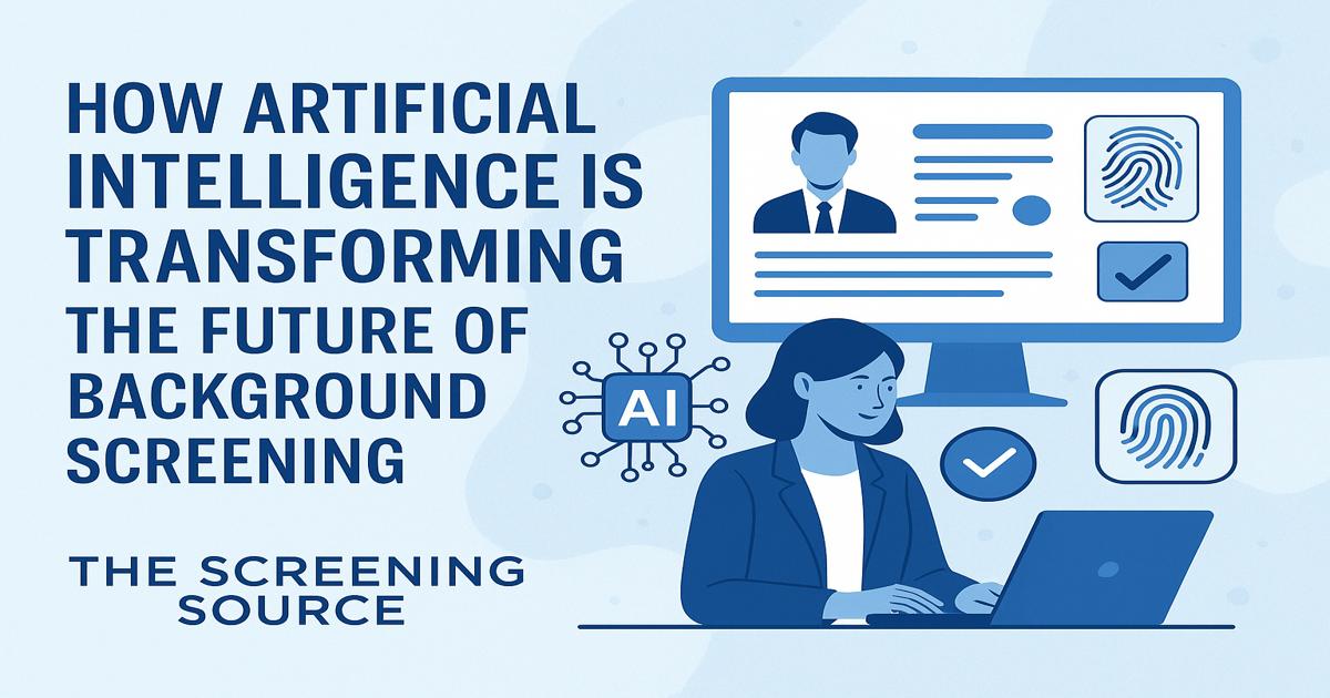 Artificial Intelligence transforming the future of background screening — a business professional using AI technology to analyze candidate data, verify identities, and improve hiring accuracy for The Screening Source.
