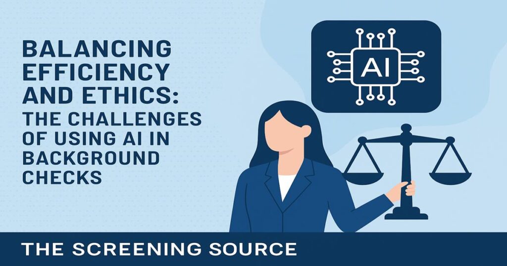 Business professional balancing AI technology and ethics in background checks — symbolizing fairness, compliance, and efficiency in AI-driven hiring for The Screening Source.