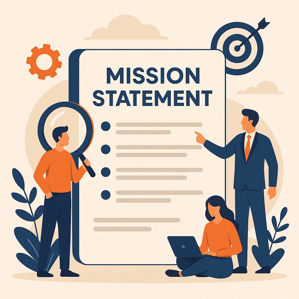Illustration of professionals reviewing a mission statement document, symbolizing trust, teamwork, compliance, and technology in employment background screening—aligned with The Screening Source, LLC’s commitment to accurate and compliant pre-employment screening services.