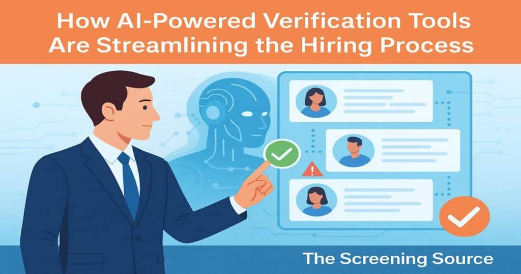 Business professional using AI-powered verification tools to review candidate profiles — illustrating how artificial intelligence streamlines background screening and hiring for The Screening Source.