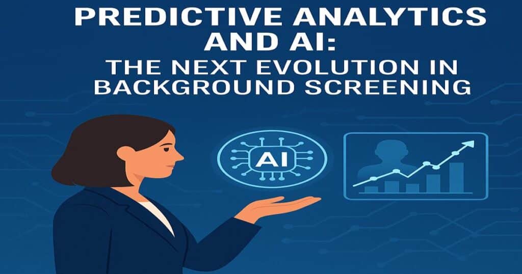 Business professional analyzing predictive analytics data and AI insights on a digital dashboard, representing data-driven background screening and smarter hiring with The Screening Source.