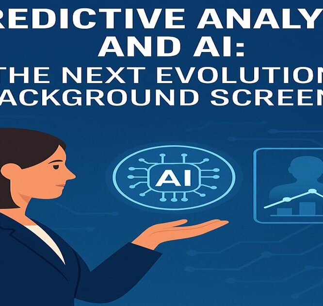 Business professional analyzing predictive analytics data and AI insights on a digital dashboard, representing data-driven background screening and smarter hiring with The Screening Source.